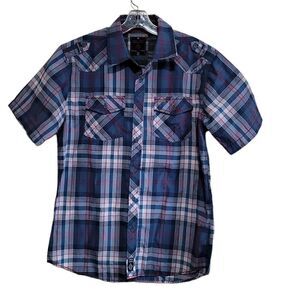 Swiss Cross Men's Blue Plaid Short-Sleeve Shirt Sz Medium